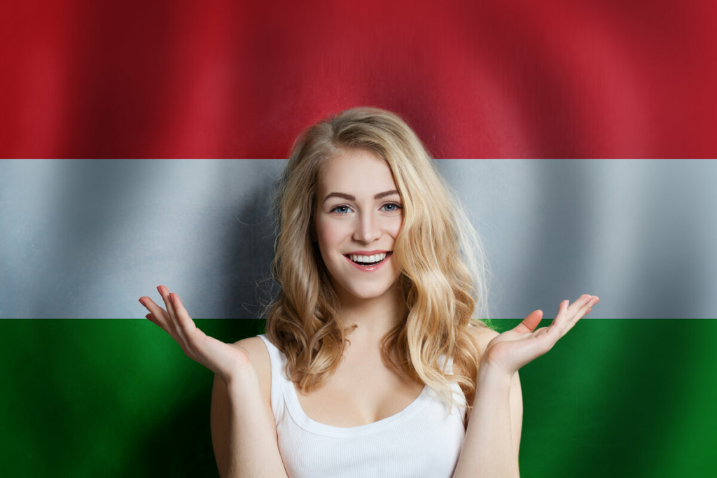 magyar zászló, meglepett, aranyos, boldog lány, Magyarország, utazás